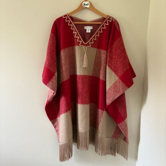 Adam Lippes for Target Red Tan Poncho Sweater Fringe & Tassel Women's 3X/4X Grea - Picture 1 of 12